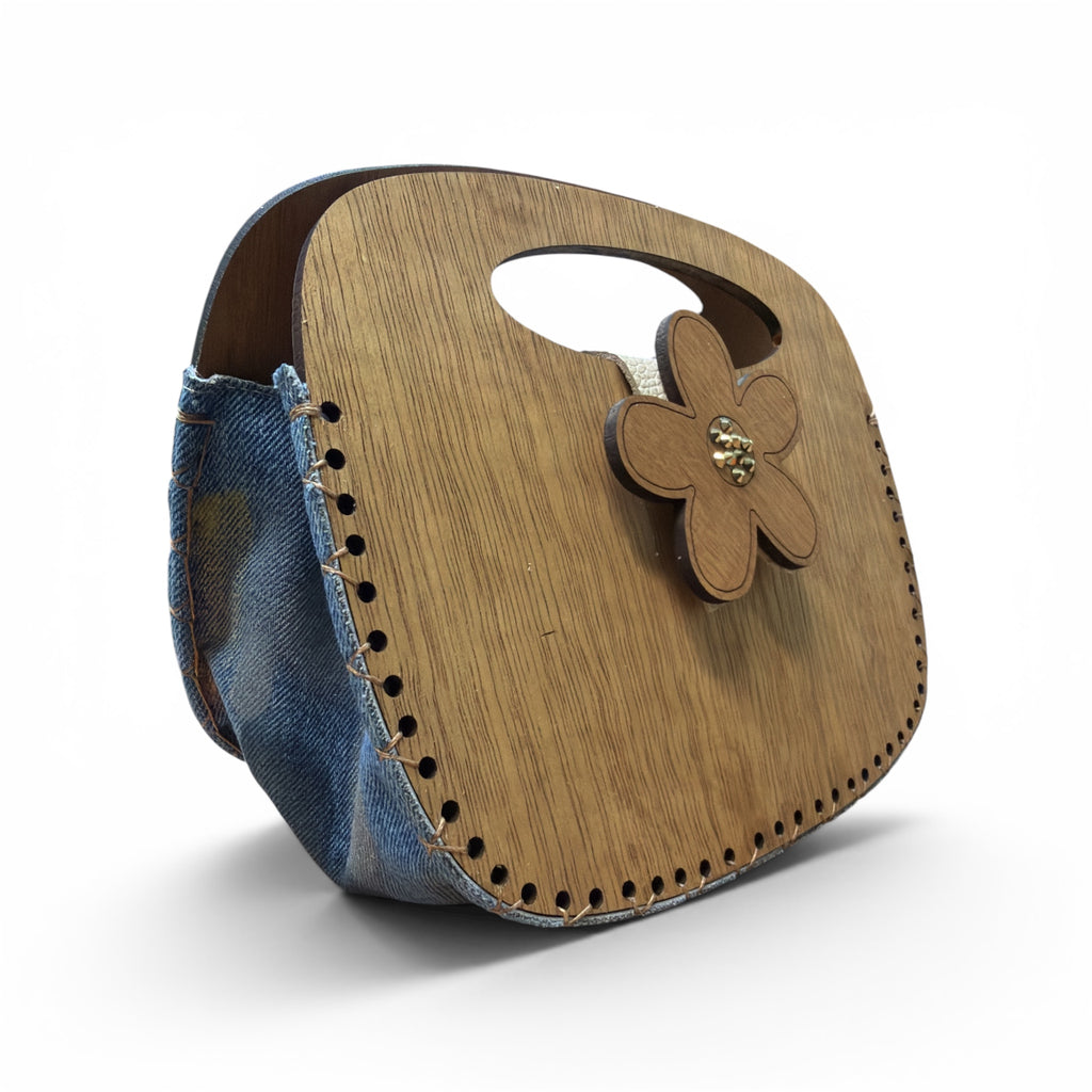 Wood Flower | Cartera en Madera y Denim Pintada a Mano | BUA