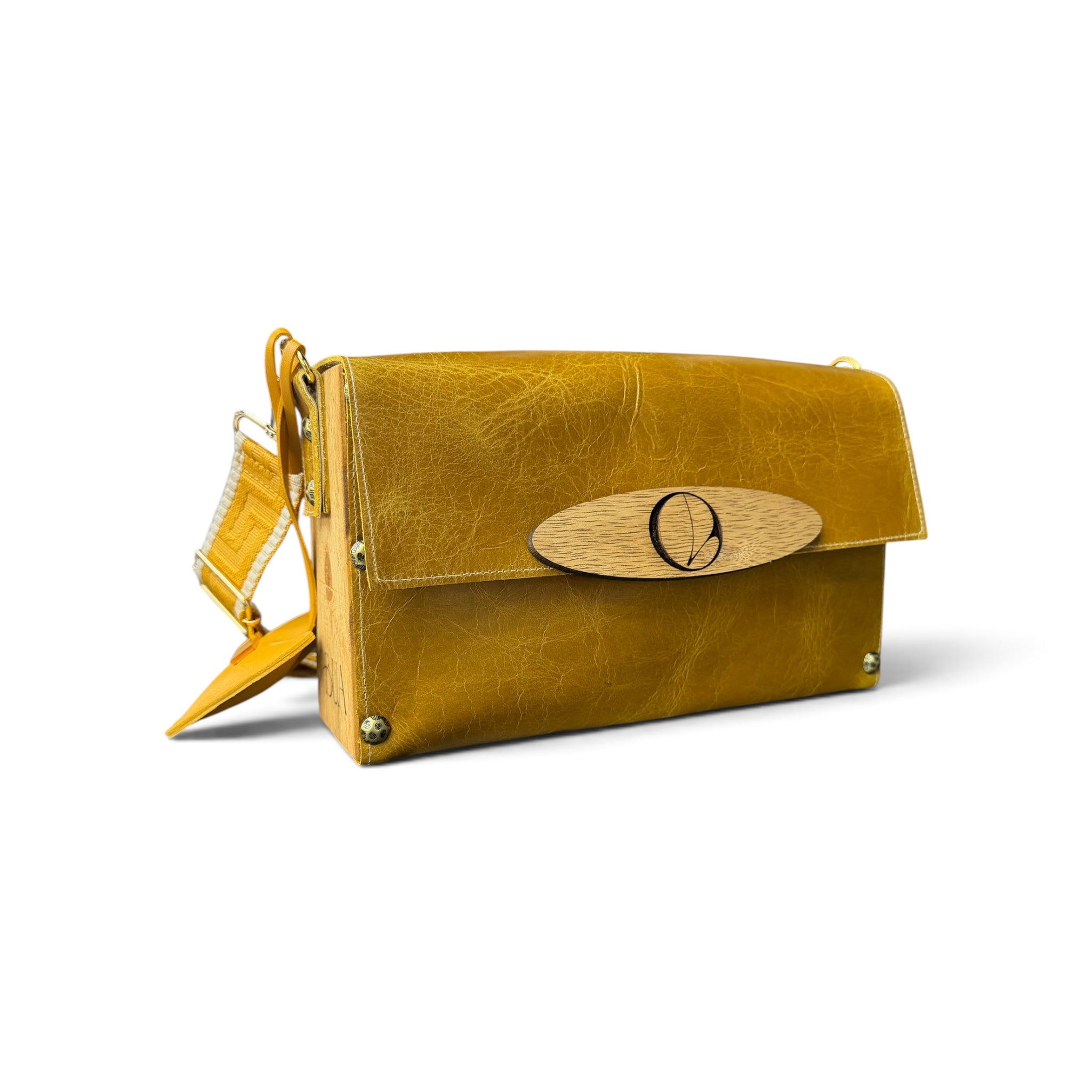 Cartera Adelida Mostaza | Cartera Cuero y Madera